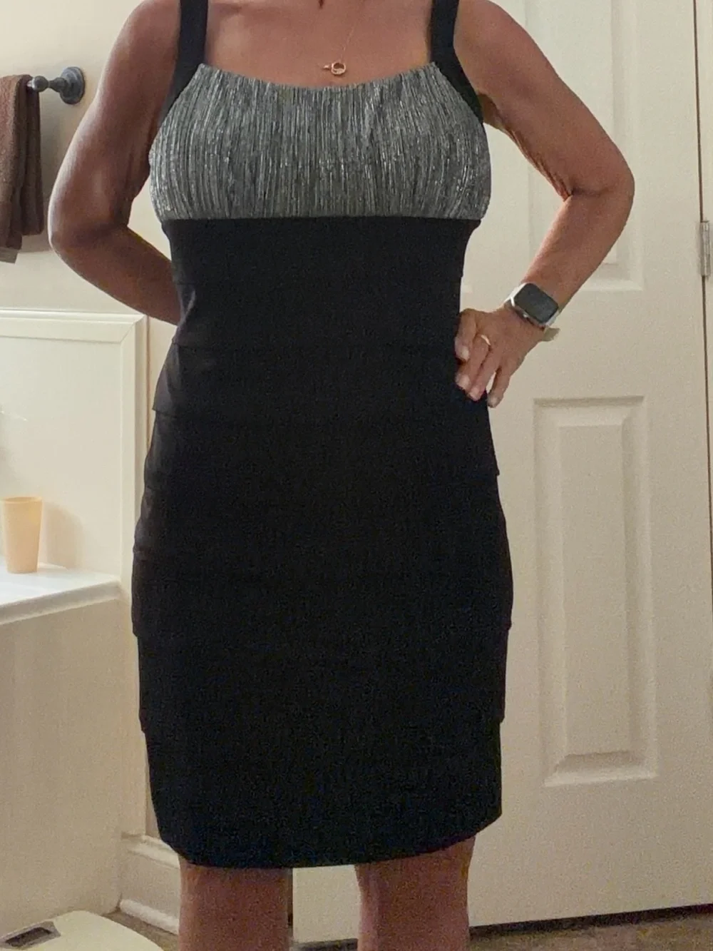Enfocus Studio Black and Silver Sleeveless Midi Bandage Dress
